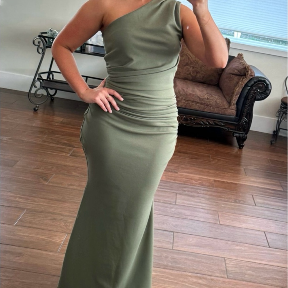 Olive Green One Shoulder Dress - Picture 2 of 2